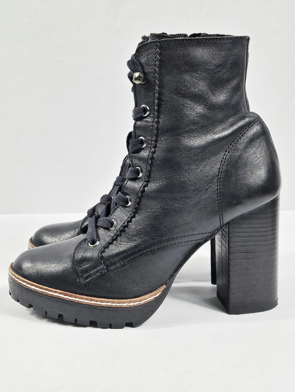 Chelsea & Violet Lexie Black Leather Lace-Up Block Heel Lug Sole Ankle Boot - Picture 5 of 16
